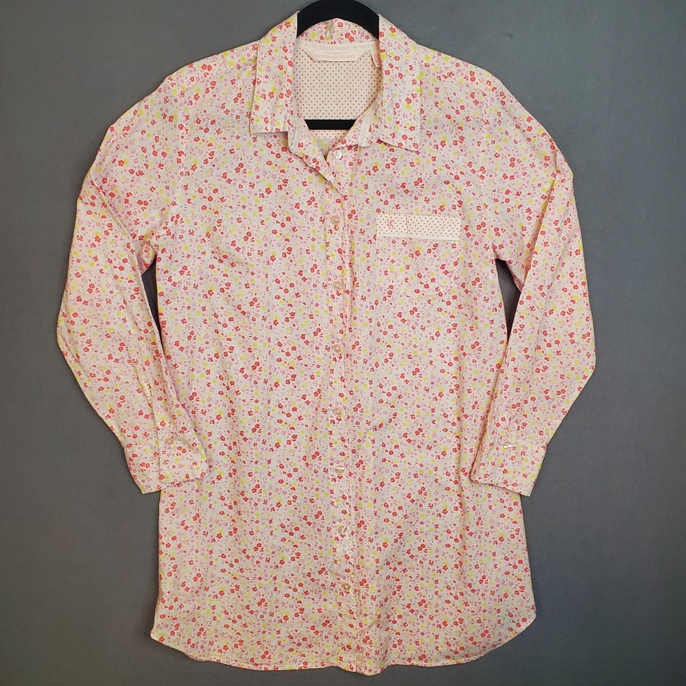 Victoria's Secret M Pink Yellow‎ Floral Lightweight Cotton Nightgown Night Shirt
